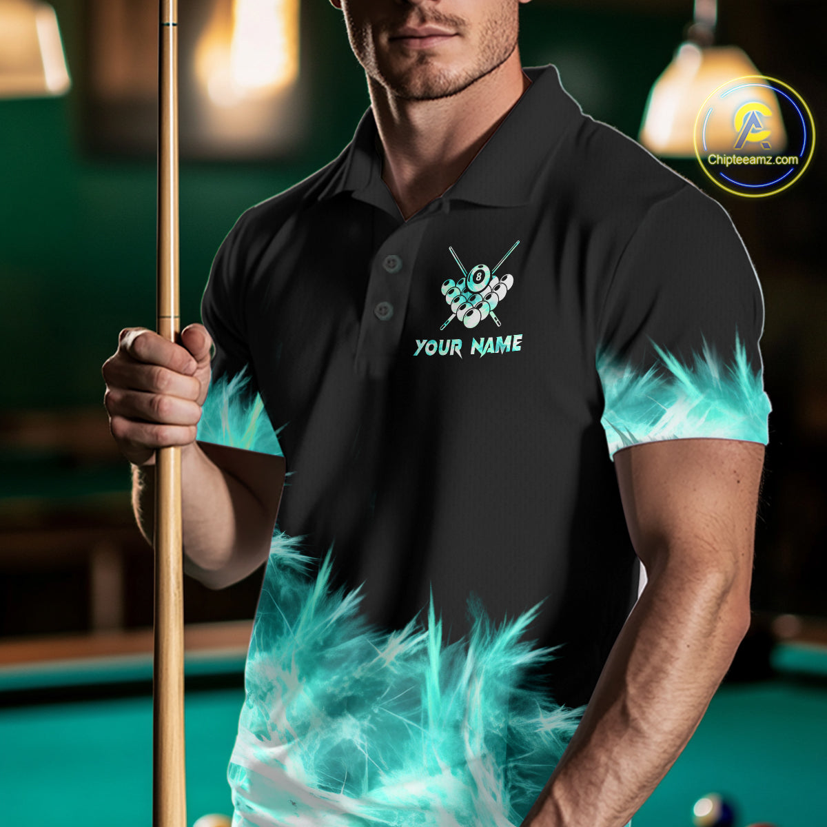 Turquoise Icy Light 8 Ball Pool Billiard Polo & 1/4 Zip For Men Custom Billiard Team Jerseys  TDM5689