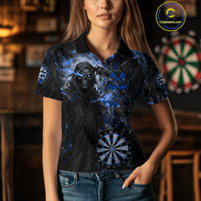 Load image into Gallery viewer, Custom Black And Blue Splatter Grim Reaper Women Darts Polo Shirt Cracked Dart Jerseys NYN2794