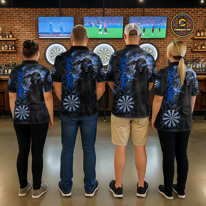 Custom Black And Blue Splatter Grim Reaper Women Darts Polo Shirt Cracked Dart Jerseys NYN2794