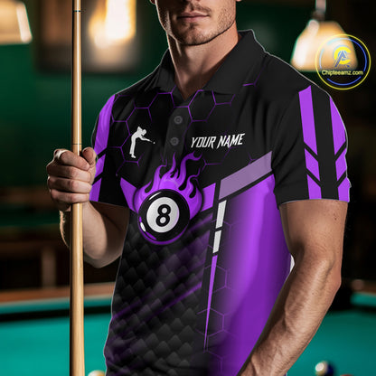 Personalized Purple 8 Ball Flame Billiard Polo & Quarter Zip For Men, 8 Ball Pool Team Jersey TDM6039