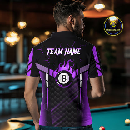 Personalized Purple 8 Ball Flame Billiard Polo & Quarter Zip For Men, 8 Ball Pool Team Jersey TDM6039