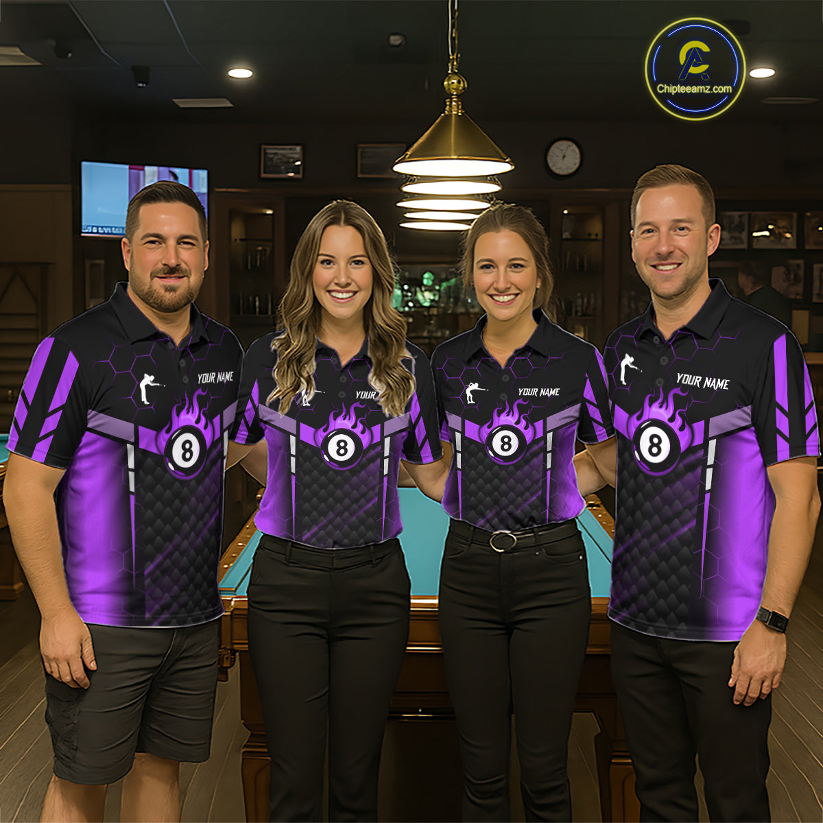 Personalized Purple 8 Ball Flame Billiard Polo & Quarter Zip For Men, 8 Ball Pool Team Jersey TDM6039
