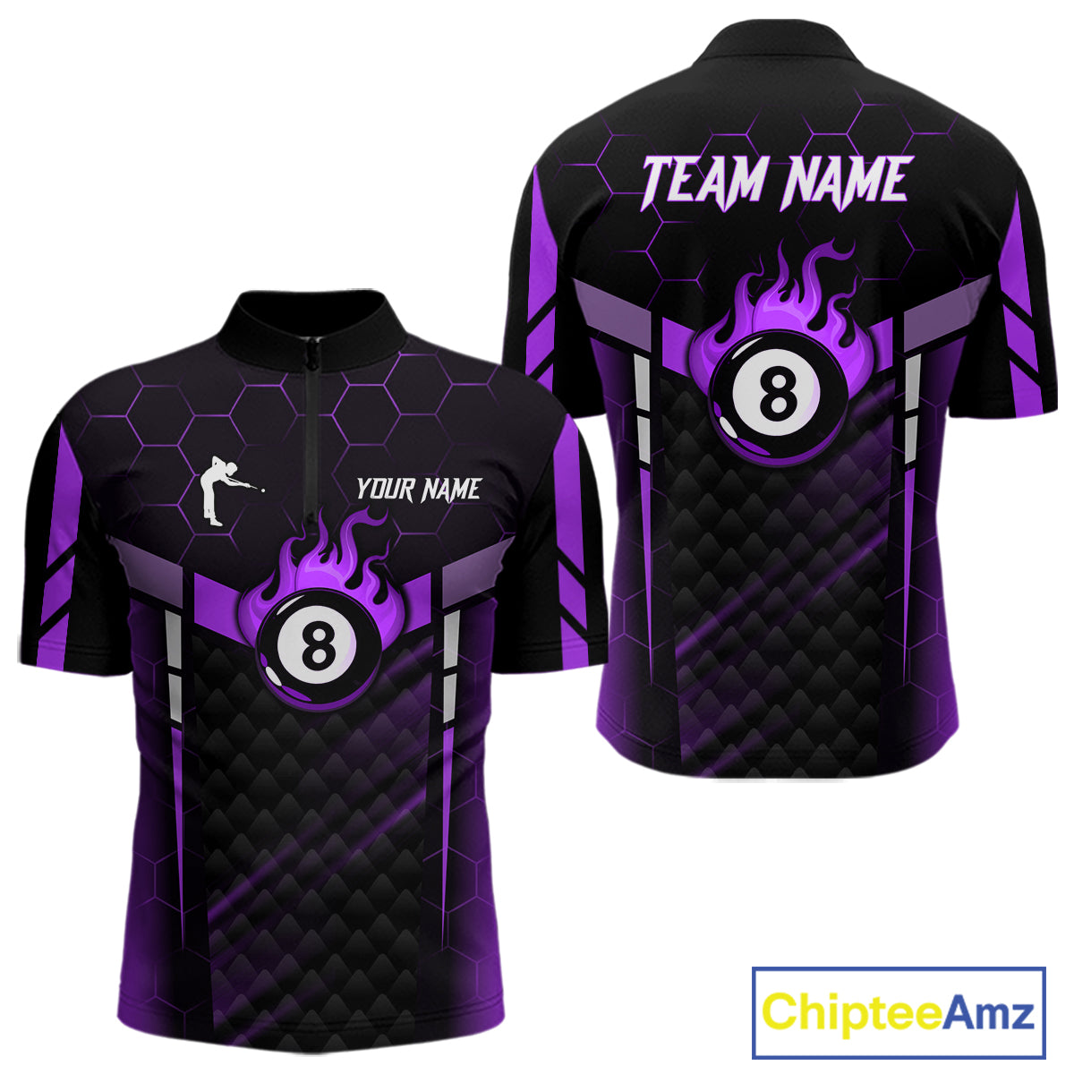Personalized Purple 8 Ball Flame Billiard Polo & Quarter Zip For Men, 8 Ball Pool Team Jersey TDM6039