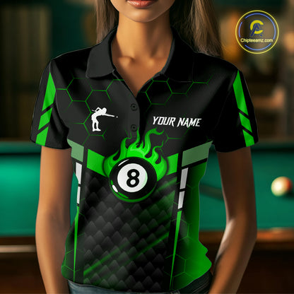 Personalized Green 8 Ball Flame Billiard Polo & Quarter Zip For Women, 8 Ball Pool Team Jersey TDM6040