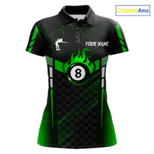 Load image into Gallery viewer, Personalized Green 8 Ball Flame Billiard Polo &amp; Quarter Zip For Women, 8 Ball Pool Team Jersey TDM6040