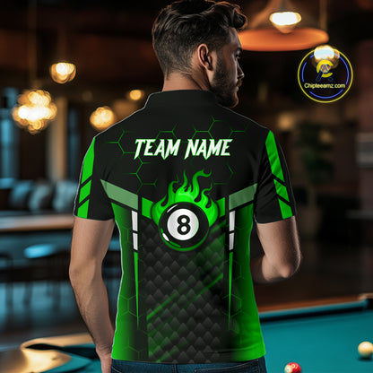 Personalized Green 8 Ball Flame Billiard Polo & Quarter Zip For Men, 8 Ball Pool Team Jersey TDM6040