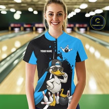Load image into Gallery viewer, Custom Black And Blue Funny Duck Bowling Shirts For Women, Bowling Team Jersey Polo &amp; 1/4 Zip TDM6292
