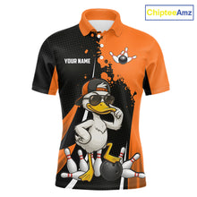 Load image into Gallery viewer, Custom Black And Orange Funny Duck Bowling Shirts For Men, Bowling Team Jersey Polo &amp; 1/4 Zip TDM6294