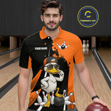Load image into Gallery viewer, Custom Black And Orange Funny Duck Bowling Shirts For Men, Bowling Team Jersey Polo &amp; 1/4 Zip TDM6294