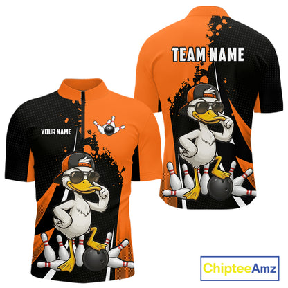 Custom Black And Orange Funny Duck Bowling Shirts For Men, Bowling Team Jersey Polo & 1/4 Zip TDM6294