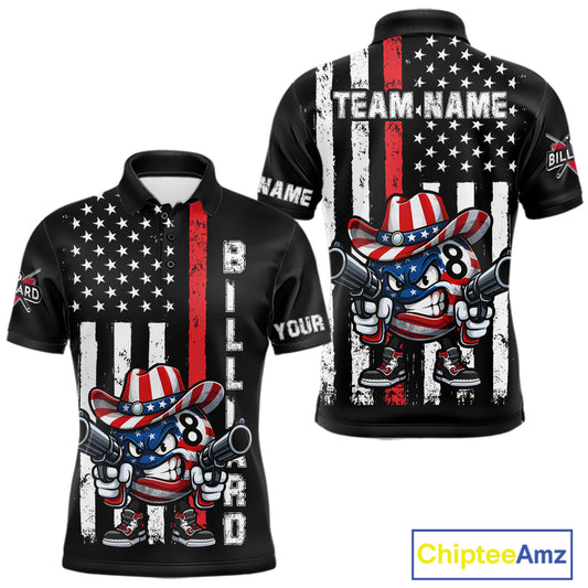 Funny 8 Ball US Flag Billiard Shirt For Men Custom Patriotic Pool Team Jersey Polo & 1/4 Zip TDM6048