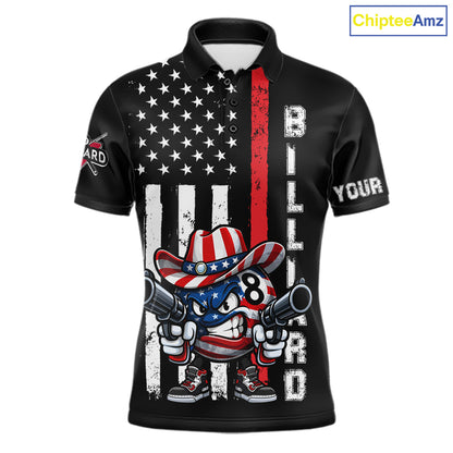 Funny 8 Ball US Flag Billiard Shirt For Men Custom Patriotic Pool Team Jersey Polo & 1/4 Zip TDM6048