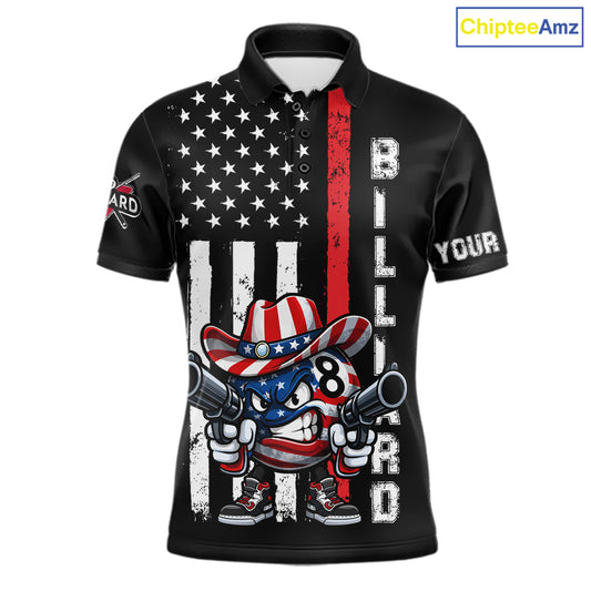 Funny 8 Ball US Flag Billiard Shirt For Men Custom Patriotic Pool Team Jersey Polo & 1/4 Zip TDM6048