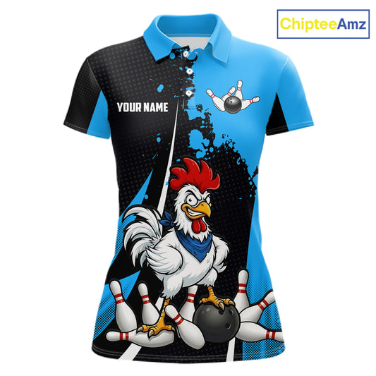 Custom Black And Blue Funny Chicken Bowling Shirts For Women, Bowling Team Jersey Polo & 1/4 Zip TDM6301