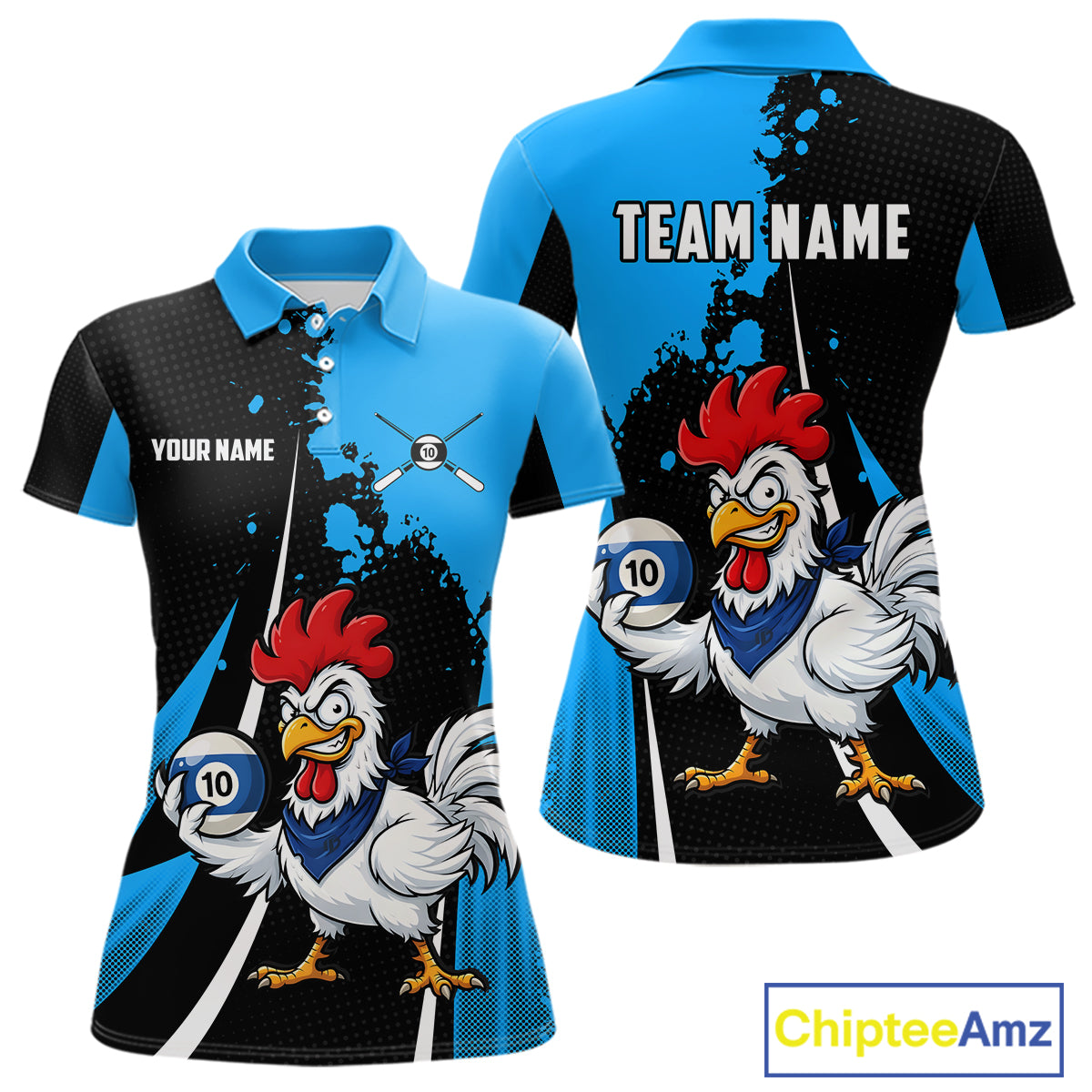 Black And Blue Funny Chicken 10 Ball Billiard Shirt For Women Custom Pool Team Jersey Polo & 1/4 Zip TDM6302