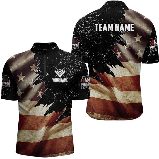 Personalized Retro US Flag Billiard Men Quarter-Zip Shirts, Patriotic Billiard Jerseys  TDM0714