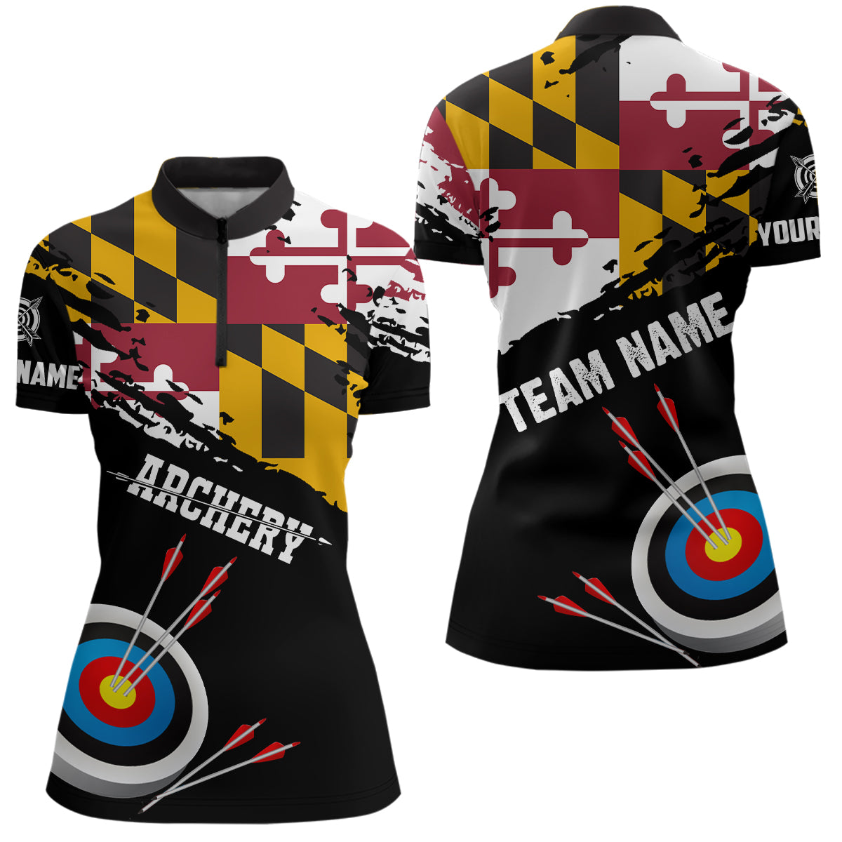Custom Grunge Maryland Flag Archery Shirts For Women, Patriotic Archery Jersey 3D Target Shirts TDM1799