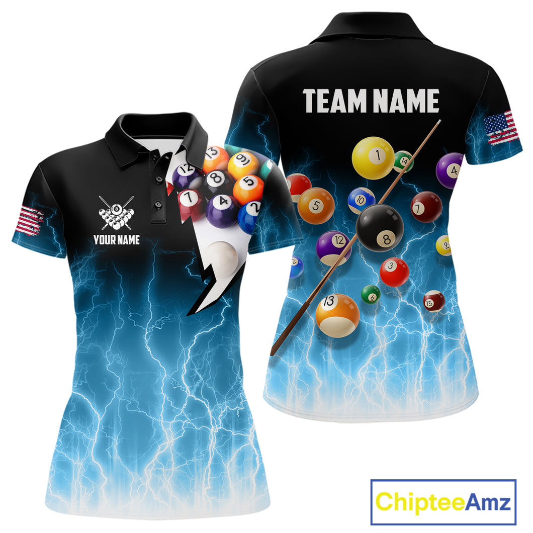 Blue Billiard Jersey For Women Custom Thunder Lightning 3D Pool Balls Team Jersey Polo & 1/4 Zip TDM4561