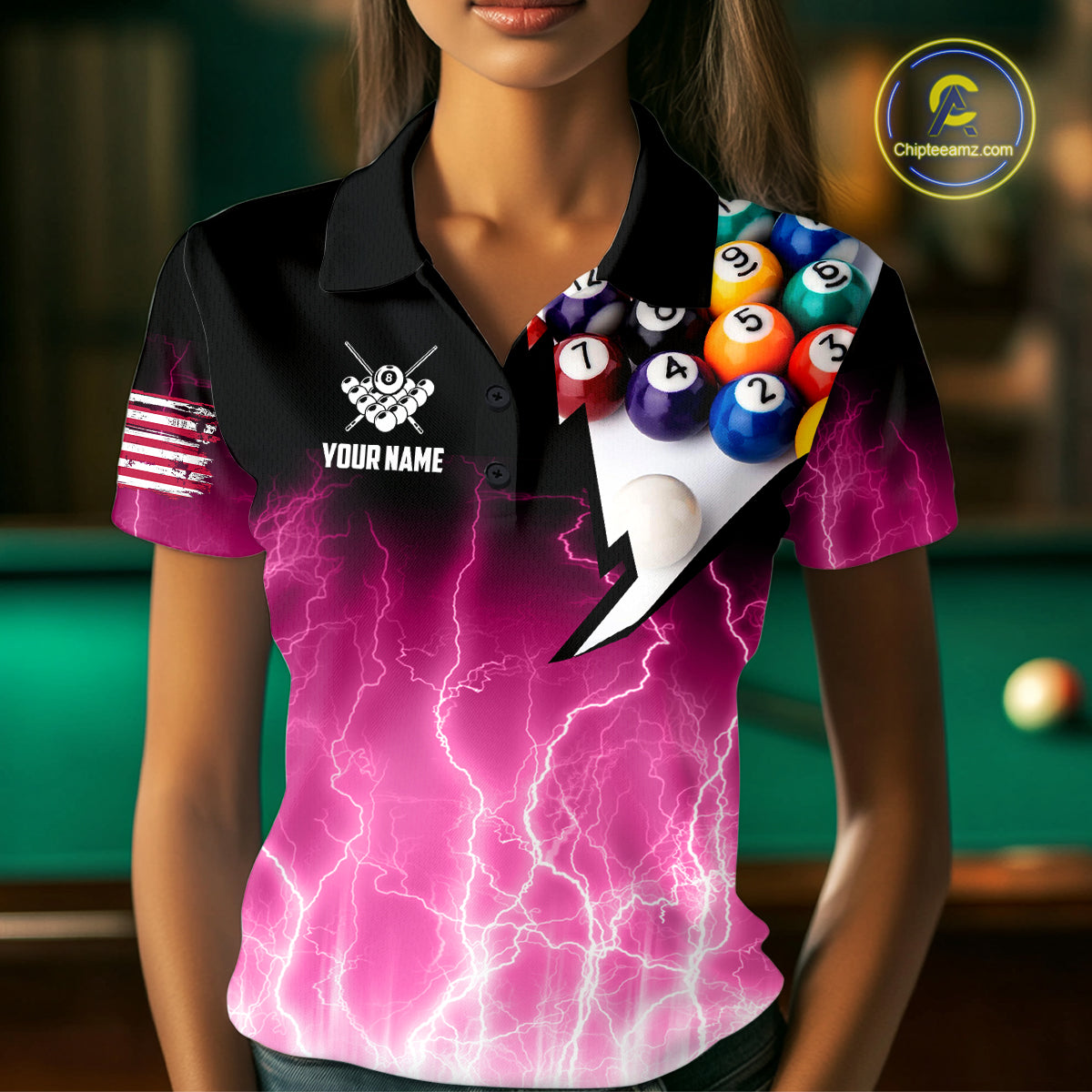Pink Billiard Jersey For Women Custom Thunder Lightning 3D Pool Balls Team Jersey Polo & 1/4 Zip TDM4562
