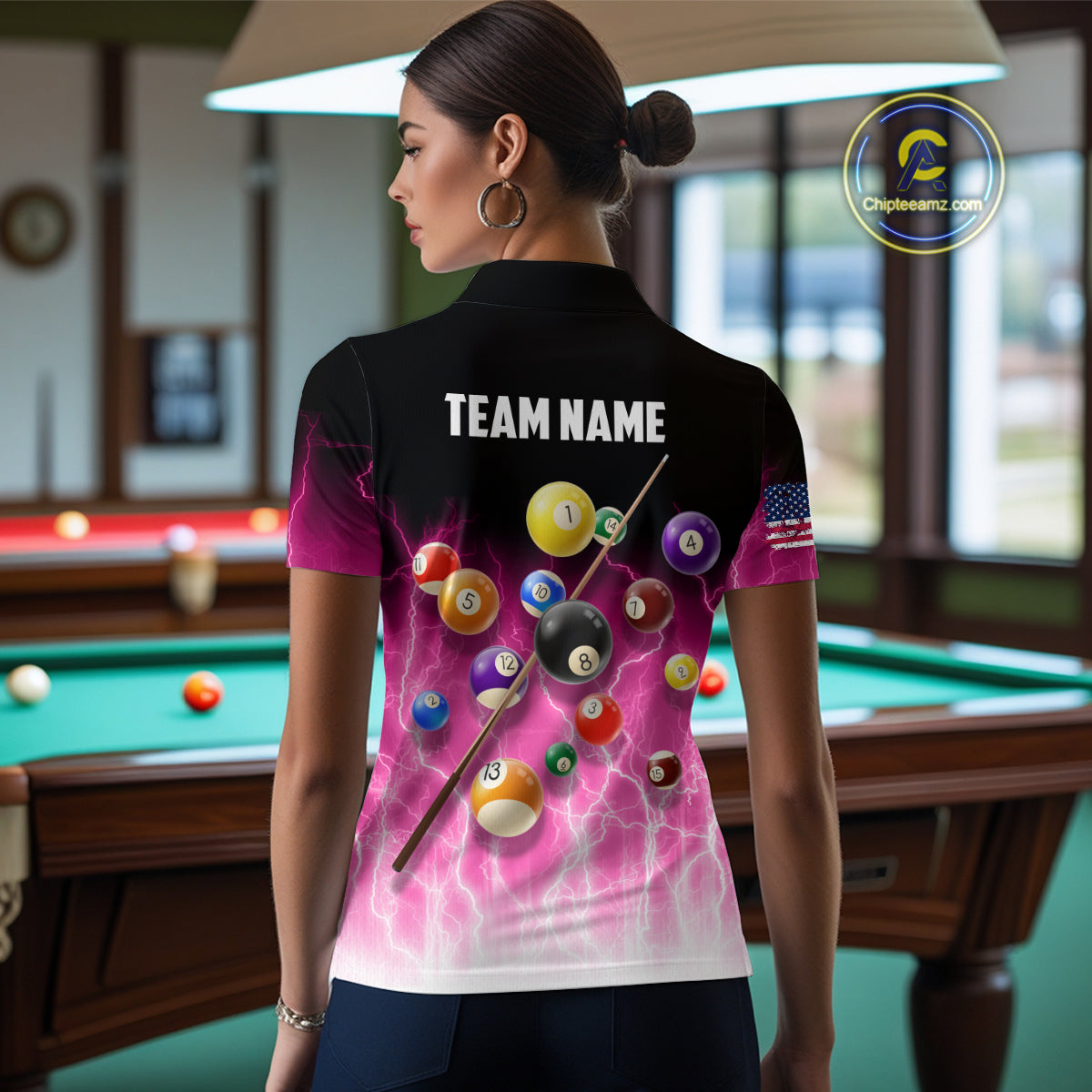 Pink Billiard Jersey For Women Custom Thunder Lightning 3D Pool Balls Team Jersey Polo & 1/4 Zip TDM4562