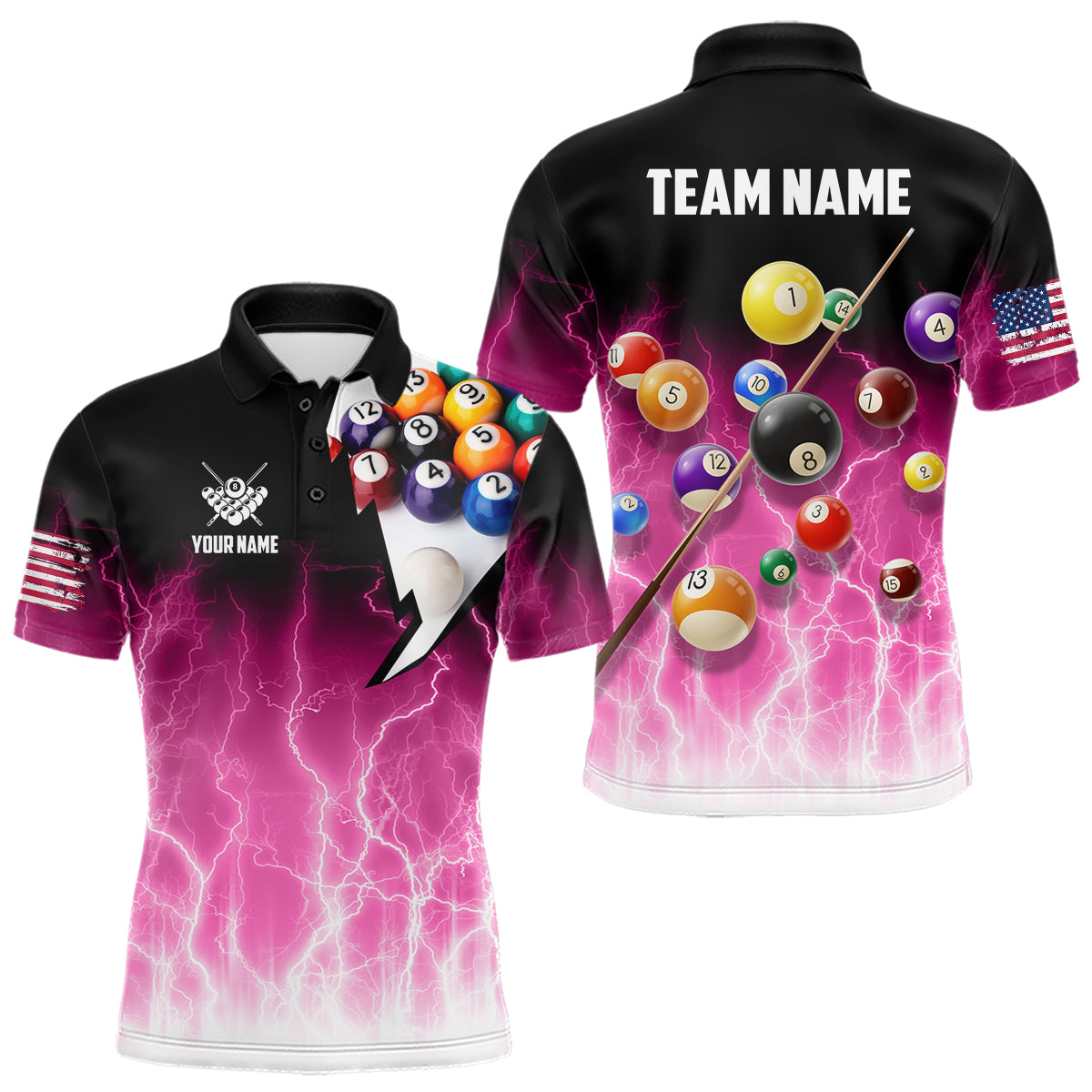 Pink Billiard Jersey For Men Custom Thunder Lightning 3D Pool Balls Team Jersey Polo & 1/4 Zip TDM4562
