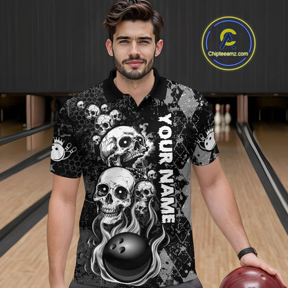 Black Grey Grunge Argyle Skull Bowling Shirt For Men Custom Bowling Team Jersey Polo & 1/4 Zip TDM4773