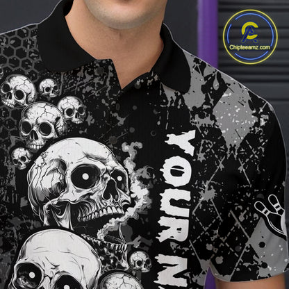 Black Grey Grunge Argyle Skull Bowling Shirt For Men Custom Bowling Team Jersey Polo & 1/4 Zip TDM4773