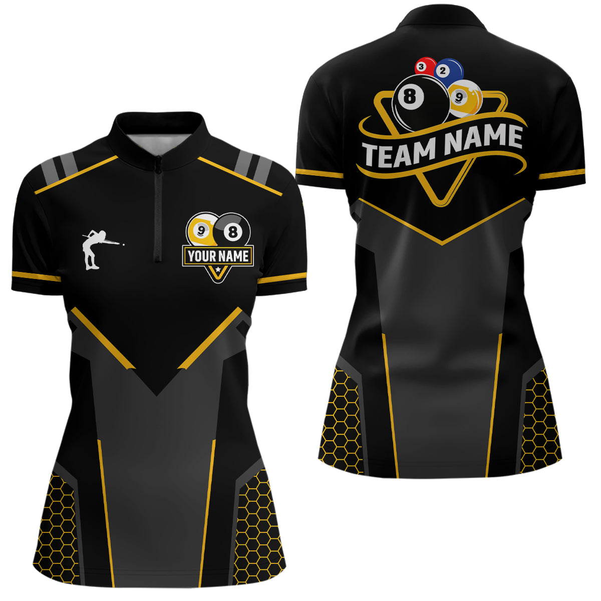 Personalized 8 Ball & 9 Ball Pool Billiard Polo, 1/4 Zip For Women Custom Team Billiard Jersey|Yellow TDM3547