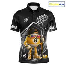 Load image into Gallery viewer, Funny silver 9 ball pool billiard team jersey polo shirt for men featuring a humorous 9 ball design, premium custom pool team apparel and billiard league jersey for tournaments, league play and everyday competition.