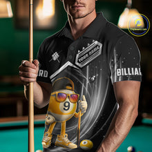 Load image into Gallery viewer, Man wearing funny silver 9 ball pool billiard team jersey polo shirt featuring the humorous 9 ball artwork, front view.