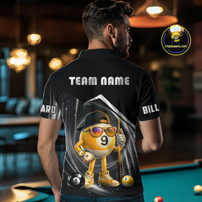 Man wearing funny silver 9 ball pool billiard team jersey polo shirt featuring the humorous 9 ball artwork, back view.