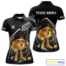 Load image into Gallery viewer, Funny silver 9 ball pool billiard team jersey polo shirt for women featuring a humorous 9 ball design, premium custom pool team apparel and billiard league jersey for tournaments, league play and everyday competition.
