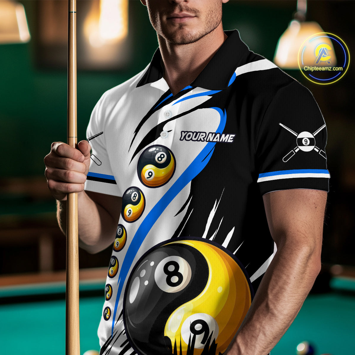 Personalized Yin-Yang Billiard Shirt For Men Custom 8 & 9 Ball Funny Pool Team Jersey |Blue TDM4573