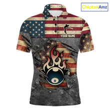 Load image into Gallery viewer, Billiards Vintage US Flag Custom Flame 8 Ball Pool Polo &amp; 1/4 Zip For Men, Billiard Team Jersey TDM6075