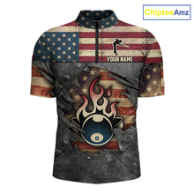 Load image into Gallery viewer, Billiards Vintage US Flag Custom Flame 8 Ball Pool Polo &amp; 1/4 Zip For Men, Billiard Team Jersey TDM6075