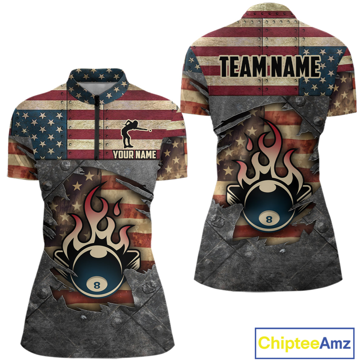 Billiards Vintage US Flag Custom Flame 8 Ball Pool Polo & 1/4 Zip For Women, Billiard Team Jersey TDM6075