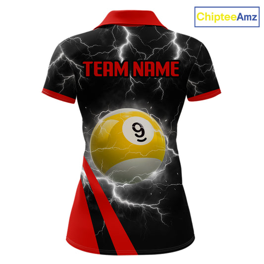 Black And Red 8 Ball 9 Ball Lightning Billiard Shirt For Women Custom Pool Team Jersey Polo, 1/4 Zip TDM6323