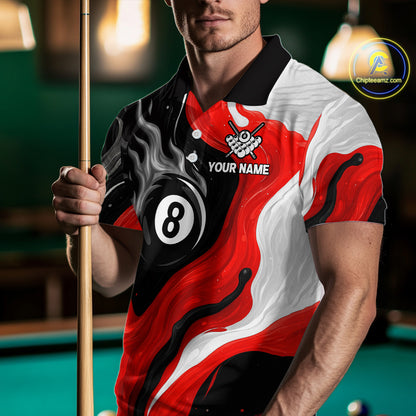 Personalized Black, Red And White 8 Ball Flame Billiard Shirt For Men Custom Pool Team Jerseys TDM4188