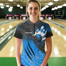 Load image into Gallery viewer, Woman wearing personalized black and blue eagle bowling team jersey polo shirt featuring black and blue eagle artwork, back view.
