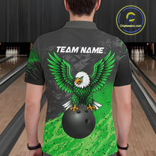 Load image into Gallery viewer, Close-up of the personalized black and green eagle bowling team jersey polo shirt showing the collar, buttons, premium performance fabric and detailed black and green eagle graphics.