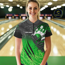 Load image into Gallery viewer, Woman wearing personalized black and green eagle bowling team jersey polo shirt featuring black and green eagle artwork, back view.