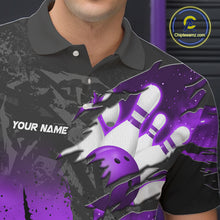 Load image into Gallery viewer, Close-up of the personalized black and purple eagle bowling team jersey polo shirt showing the collar, buttons, premium performance fabric and detailed black and purple eagle graphics.