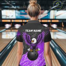Load image into Gallery viewer, Woman wearing personalized black and purple eagle bowling team jersey quarter zip shirt featuring black and purple eagle artwork, front view.