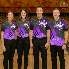 Load image into Gallery viewer, Bowling team wearing matching personalized black and purple eagle bowling team jerseys featuring premium eagle graphics, front view.