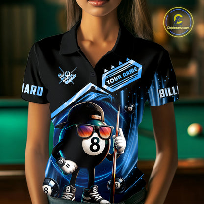 Blue Funny 8 Ball Billiard Shirt For Women Custom Pool Team Shirt, Billiard Jersey Polo & 1/4 Zip TDM5205
