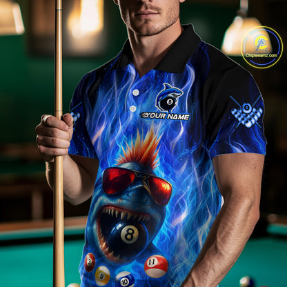 Personalized Blue Funny Shark Flame Men's Billiards Shirts Custom 8 Ball Billiard Team Jersey TDM5214