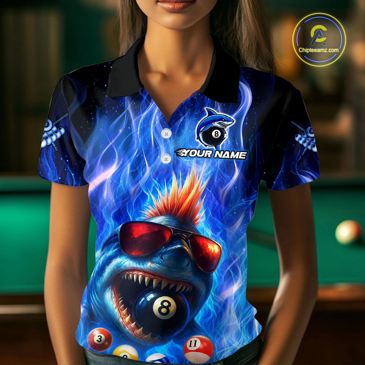 Personalized Blue Funny Shark Flame Women's Billiards Shirts Custom 8 Ball Billiard Team Jersey TDM5214