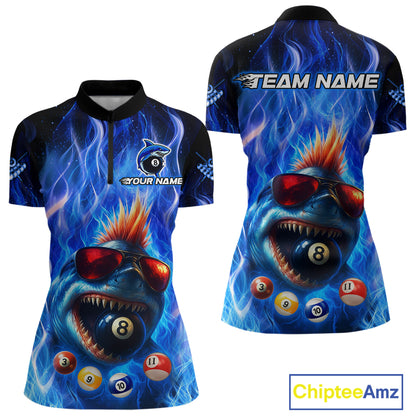 Personalized Blue Funny Shark Flame Women's Billiards Shirts Custom 8 Ball Billiard Team Jersey TDM5214