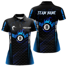 Load image into Gallery viewer, Personalized Blue 8 Ball Flame Billiard Polo &amp; Quarter Zip For Women, 8 Ball Pool Team Jersey TDM5731