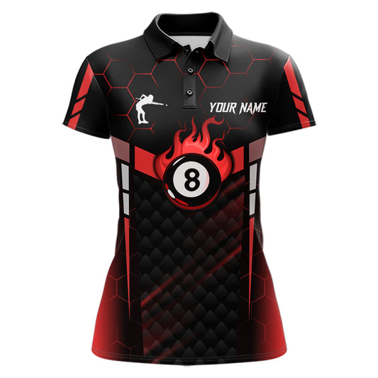 Personalized Red 8 Ball Flame Billiard Polo & Quarter Zip For Women, 8 Ball Pool Team Jersey TDM5732